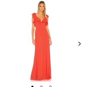 LOVERS + FRIENDS Coral Red Orange “Mila” Crepe Gown Size Small